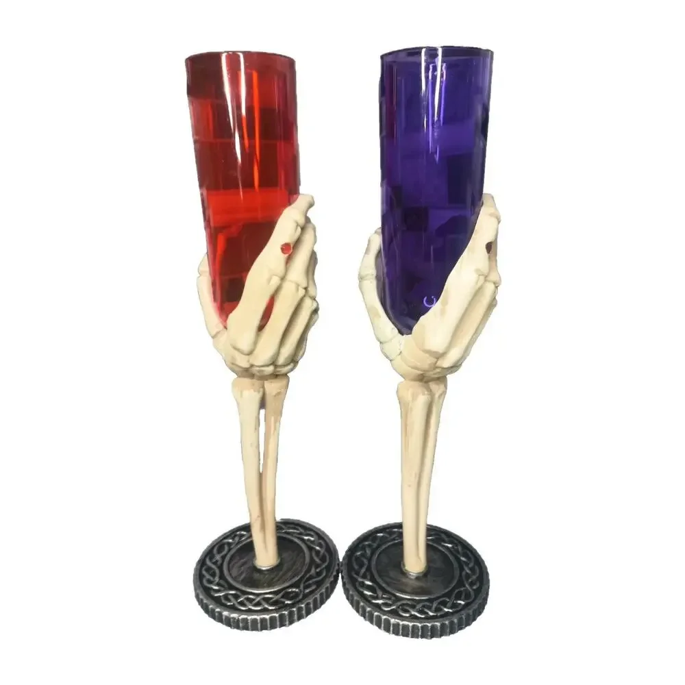 Skeleton Hand Champagne Flutes Red Purple Gothic Halloween Pair Set of 2 Spooky